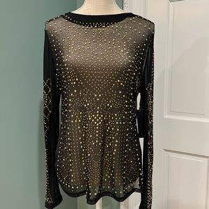 Venus black sheer top with gold beads and rhinestones. Size L